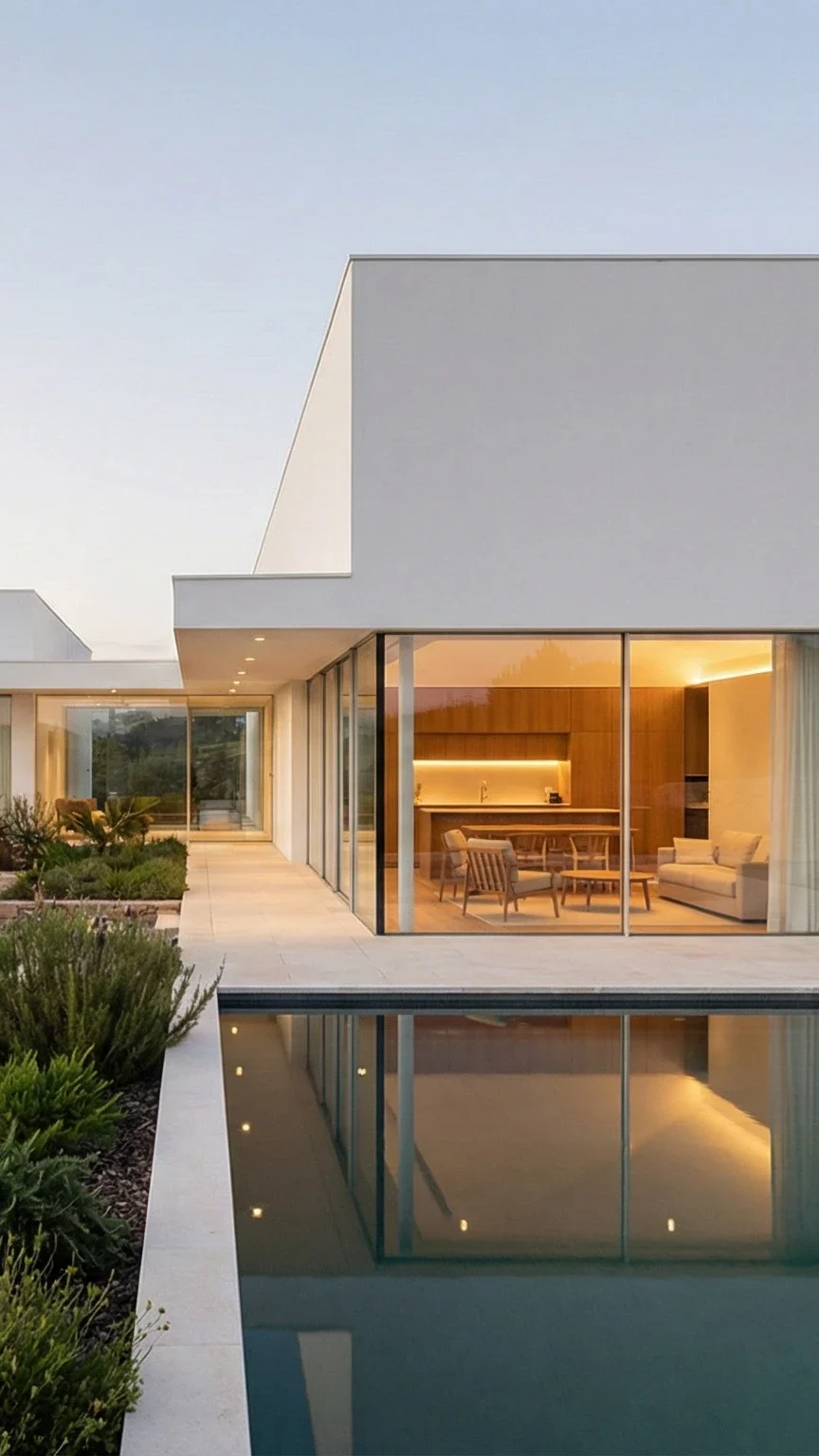 Norma 3D — visualização arquitetónica de villa branca com piscina e jardim